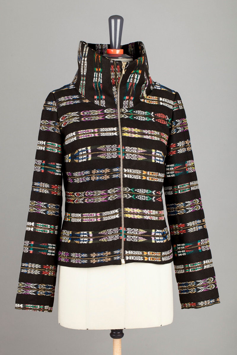 Women's blazer jacket Jaspe, lightly lined, 36, unique handmade in Germany, hand-woven Maya fabrics, high collar, black and white stripes