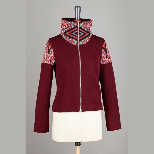 Blazer jacket 'Chichi No.5' for women with high collar, dark red, unique piece made of hand-woven fabrics, fair trade, women's jacket