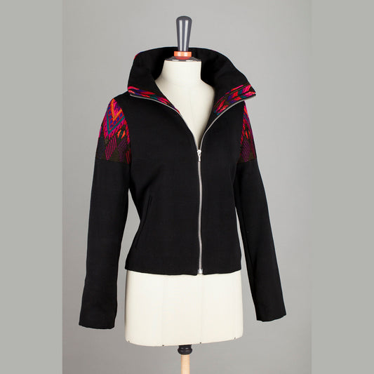 Women's blazer jacket brocade, 38, high collar, black red pattern, unique piece handmade in DE, handwoven Maya fabrics