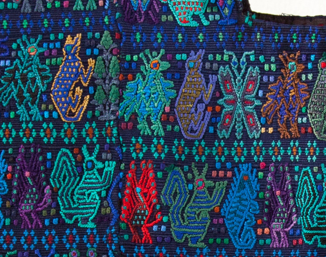Rare fabric with embroidery, black/blue, 110x120cm unique from Guatemala, handwoven by Mayas, sewing projects, such as pillows, vests, bags